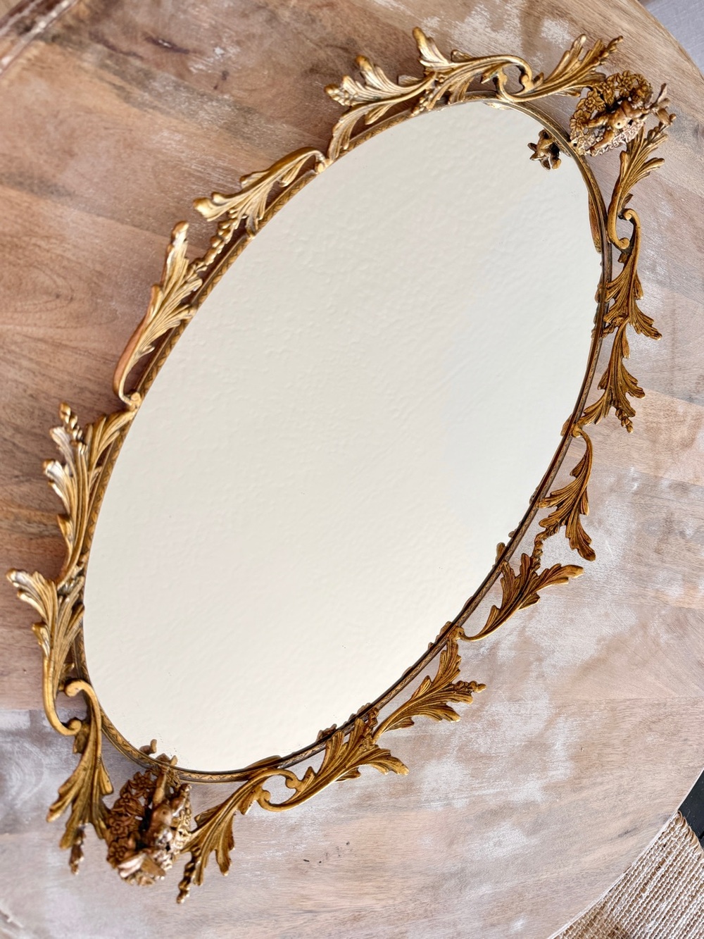 Vintage French Gold Tone Brass Ormolu Cherub Bird Scroll Vanity Mirror